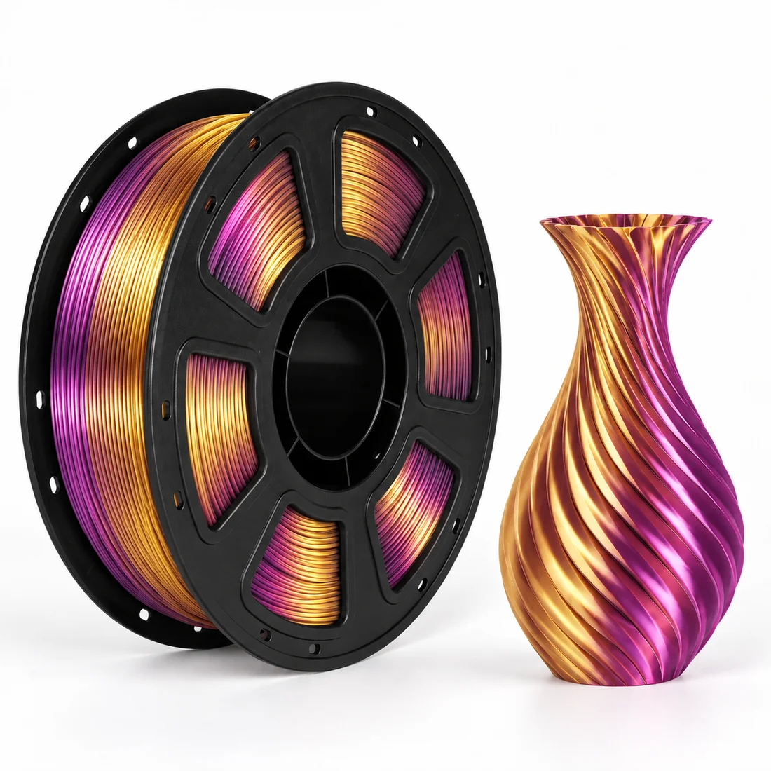 Filamento silk bicolor roxo e dourado com vaso impresso